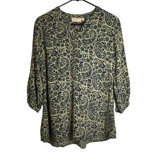 Utsa Boho Paisley Print Green and Black Women's Top Size Medium 100% Viscose